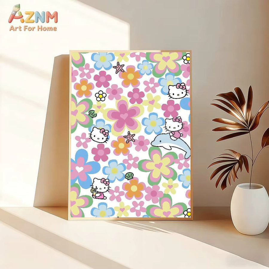 AZNM Hello Kitty Sanrio Leinwand-Wandkunst mit Blumenherz-Motiv in Multicolor - Bild 2