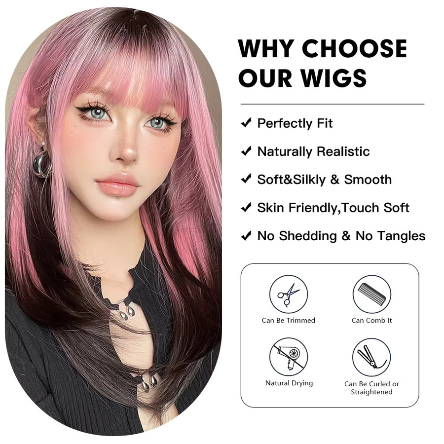 EASIHAIR Perücke, lange geschichtete Synthetik-Perücke mit Pony, Ombre Schwarz bis Rosa Lila, Damen - Bild 2