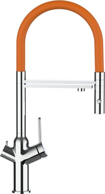 VIZIO 4-Wege Küchenarmatur mit 360° schwenkbarem Auslauf, abnehmbarer 2-Strahl-Handbrause und Filterfunktion, verchromt, Orange - Bild 1