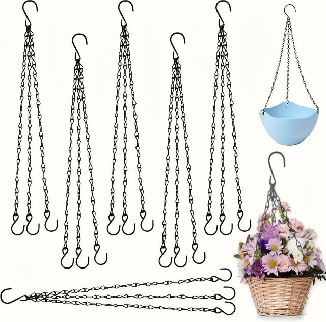 6er-Pack schwarze Eisen-Korbketten mit Haken aus mattem Metall für Gartentöpfe und DIY-Projekte - Bild 1