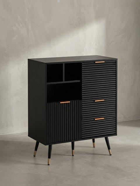 Modernes Sideboard KADIMA DESIGN in Schwarz mit Lamellenoptik und Metallbeinen, B/H/T: 77 x 97 x 40 cm - Bild 1
