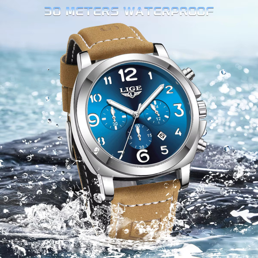 LIGE Chronograph, Quarz, Leder, Blau, Herren - Bild 5