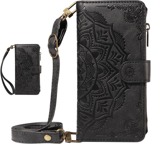 Leder-Brieftasche mit Mandala-Prägung als Klapphülle für Xiaomi Redmi Note 15 Pro Plus, 14, 13, 12 Turbo, 12T, 11, 11S (4G/5G), schwarz - Bild 1