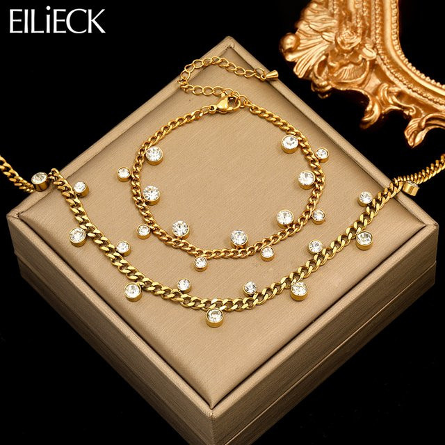 Eilieck Schmuck Set, Halskette und Armband, Edelstahl, Gold, Zirkonia, Damen - Bild 1