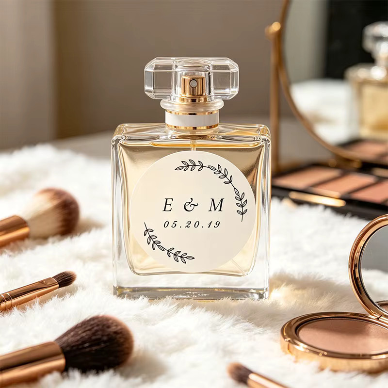 Personalisierte Blattkranz-Etiketten für Geschenkboxen, runde Aufkleber mit Doppelmonogramm und individuellem Datum im minimalistischen Stil, Farbe: Weiß, Durchmesser: 15,0 cm - Bild 3
