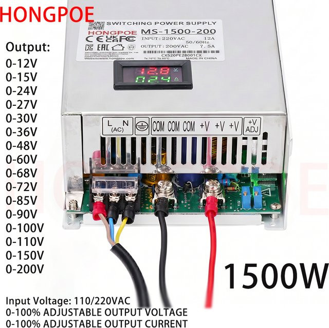 HONGPOE Digitales Schaltnetzteil 1500W mit Display, Einstellbarer AC/DC Einzel-Ausgang 0-200V, Farbe: Silber - Bild 1