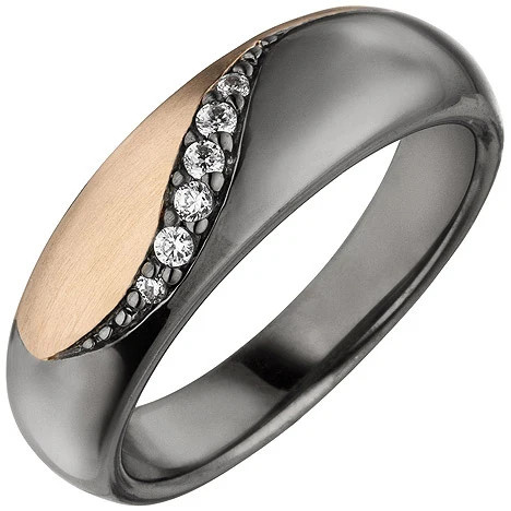 Colfem Ring 925 Sterling Silber, schwarz, roségold bicolor, 6 Zirkonia, Damen, Größe 54 - Bild 1