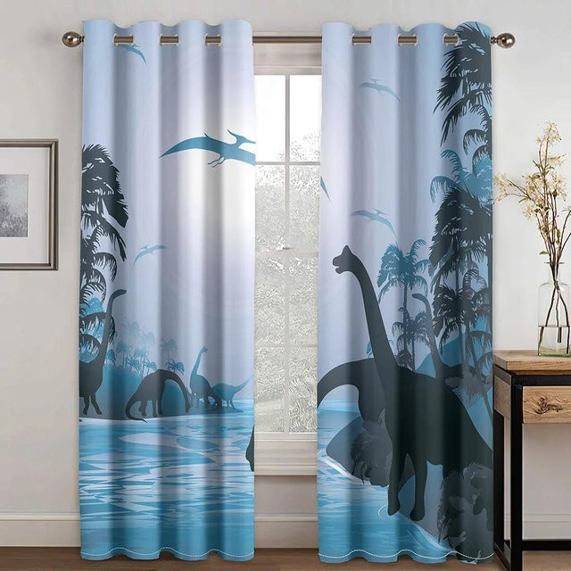 Yiran Furniture Verdunkelungsvorhang mit Dinosaurer-Motiv für Kinder, 3D Digitaldruck, Polyester, B: 55 cm, H: 120 cm, 2er-Set mit Haken - Bild 1