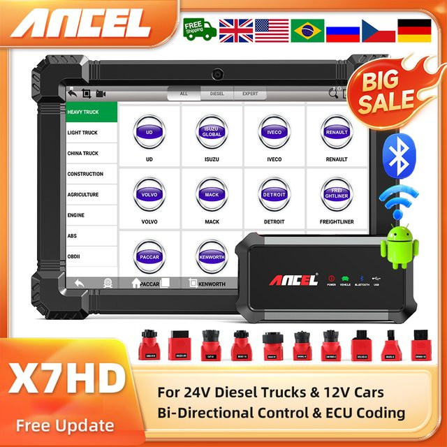 Ancel X7 HD Diesel Schwerlast-LKW-Diagnosegerät mit bidirektionaler ECU-Kodierung und Ölrückstellung in Schwarz - Bild 1