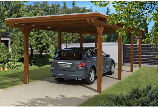Skan Holz Einzelcarport Emsland aus Leimholz in Nussbaum Braun, B/T/H: 354 x 846 x 238 cm - Bild 1