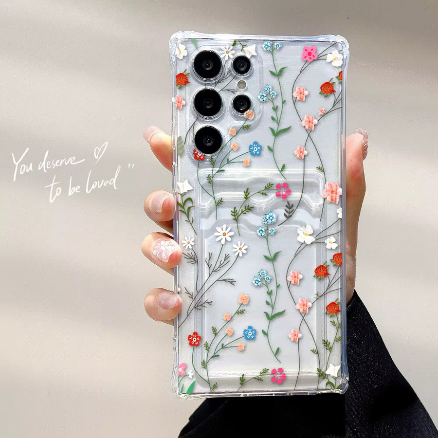 Silikon Handyhülle mit Kartenhalter und Blumenmuster für Samsung Galaxy S25 Ultra, A56 5G, A55, A54, A53, S24 FE, S23, S22 Plus, A52 in Transparent - Bild 2
