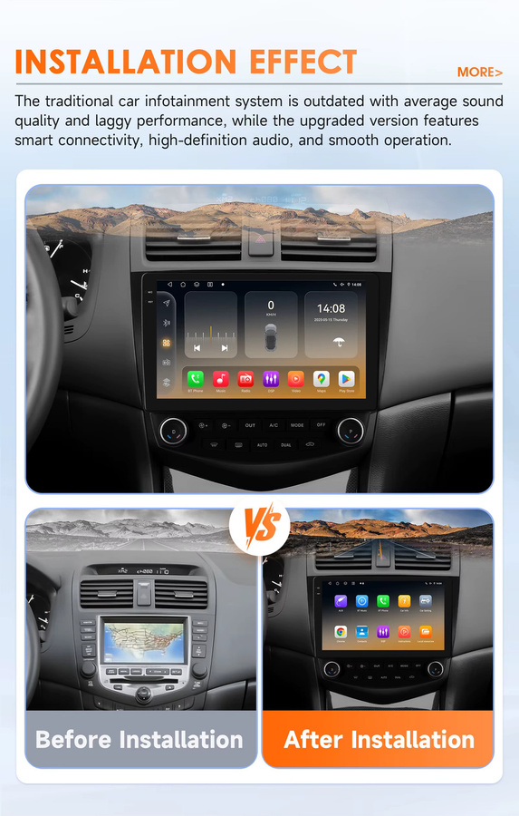 OSSURET 2 DIN Autoradio mit Android 14 für Honda Accord 7 (2003-2007), inklusive 360 Grad Panoramakamera, CANBUS, kabelloses Carplay, Android Auto, DSP Audio, 4G-LTE und WLAN, Farbe: Schwarz - Bild 3