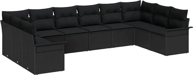 vidaXL Garten-Sofa-Set aus Poly Rattan in Schwarz mit Kissen, 10-teiliges U-Shape Lounge-Set mit Metallrahmen und Polsterung - Bild 1