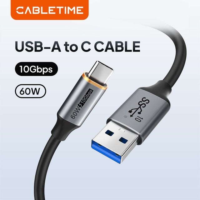 CABLETIME USB 3.2 auf USB-C Kabel in Schwarz mit 10Gbps Datenübertragung und 60W QC 3.0 Schnellladefunktion, geflochtenes PVC-Kabel für Smartphones und SSD-Gehäuse - Bild 1