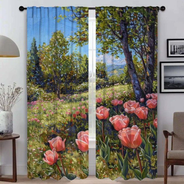 Verdunkelungsvorhänge mit Rosen- und Tulpenmuster in Rosa und Mehrfarbig, 2er-Set, Breite: 50 cm, Höhe: 70 cm - Bild 1
