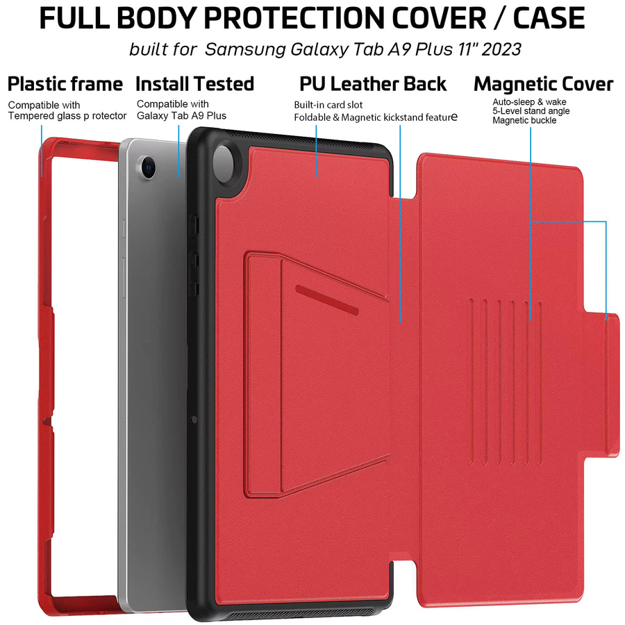 Magnetische Leder Flip Case Smart Cover für Samsung Galaxy Tab A9 Plus 11 Zoll 2023 in Rot - Bild 5