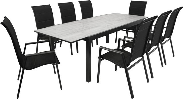 DEGAMO Gartenmöbel Garnitur FARO 9-teilig mit Ausziehtisch in Schwarz aus Alu, Glas und Kunstgewebe - Bild 1