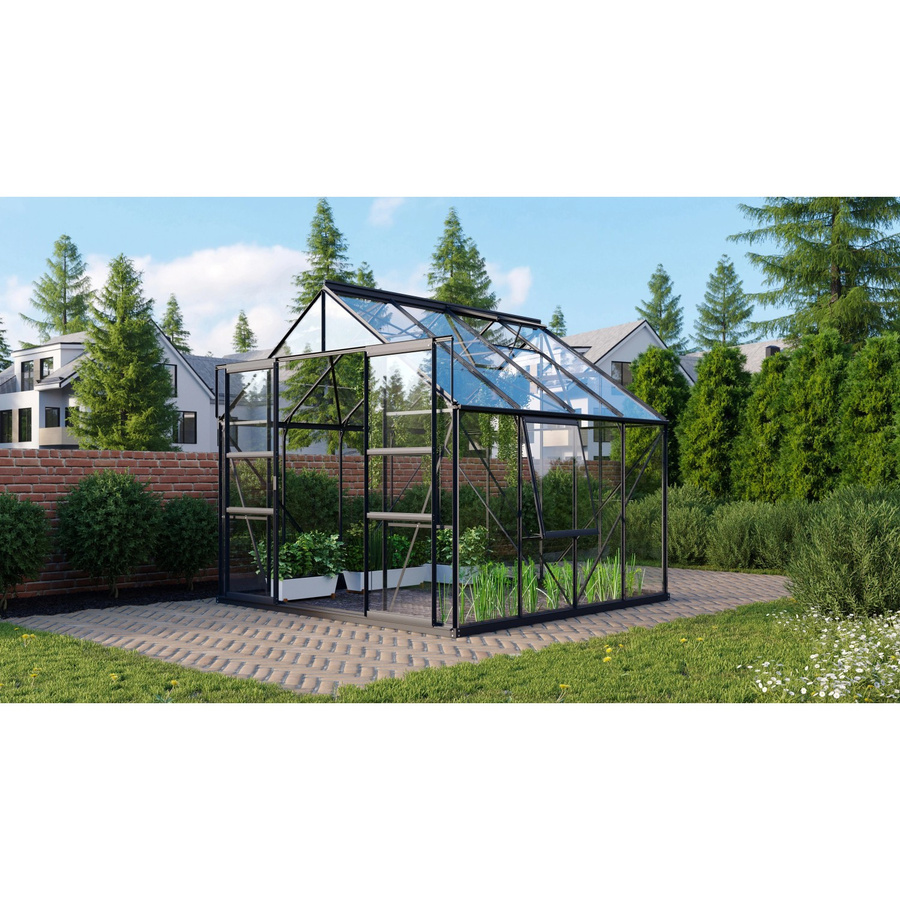 Vitavia Gewächshaus Meridian 2 - 6700 ESG Schwarz mit Sicherheitsglas, Aluminiumrahmen, Doppelschiebetür, Satteldach, 2 Dachfenstern, 1 Seitenfenster und Regenrinnen, B/T/H: 645 x 254 x 232 cm - Bild 2