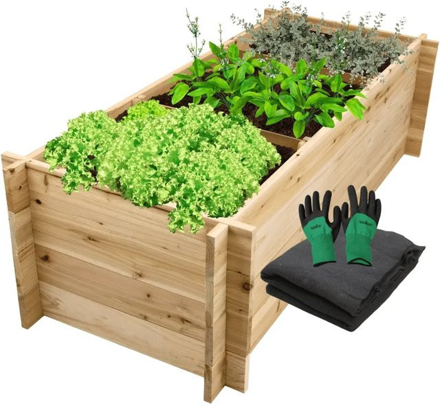 DELUKE Hochbeet SMARTA aus Tannenholz mit 3 Fächern, Farbe Braun, B/T/H: 140 x 60 x 40 cm - Bild 1