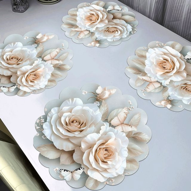 VIKAMA 4er Set dekorative Tischsets mit Frühlings-Blumen-Motiv, rund, wasserdicht und hitzebeständig, PVC, Mehrfarbig - Bild 1