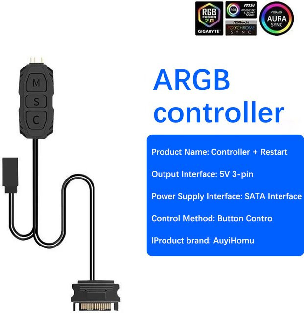AuyiHomu ARGB LED-Steuerbox mit SATA-Stromversorgung und M/S/C-Tasten für PC, Schwarz - Bild 1
