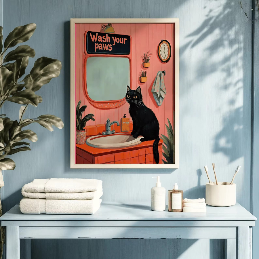 Retro Katzenposter Wash Your Paws von SHENCHEN in Pink für deine Badezimmer Wandkunst - Bild 3