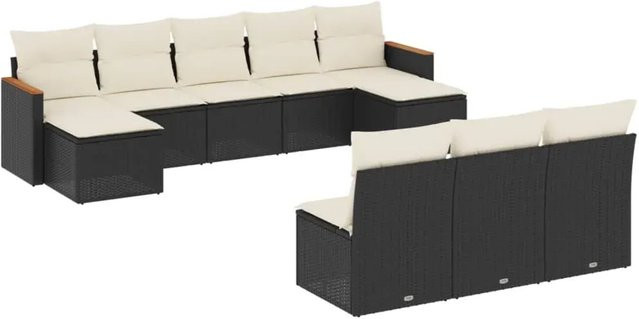 vidaXL 10-tlg. Garten-Sofagarnitur aus Polyrattan in Schwarz mit Kissen und Ottoman für Terrasse und Garten - Bild 1