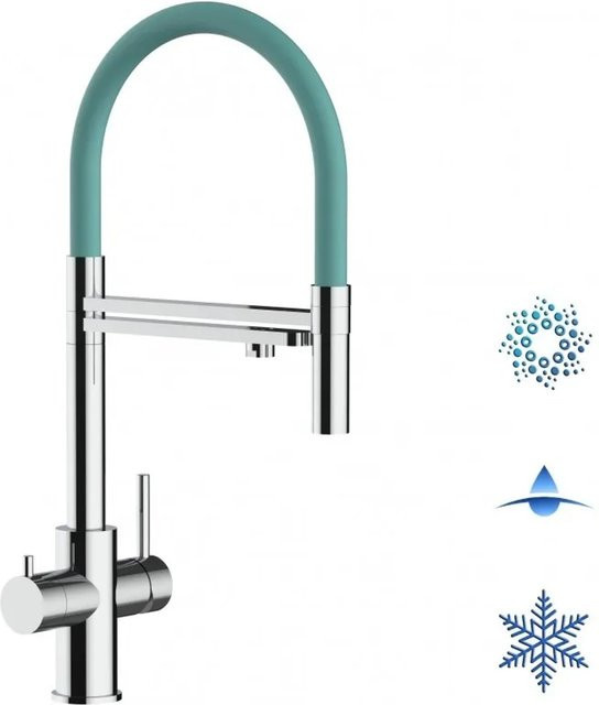 VIZIO Küchenarmatur aus Edelstahl mit 5-Wege-Wasserhahn, 360° schwenkbarem Auslauf und abnehmbarer 2-Strahl-Handbrause in Türkis und Silber - Bild 1