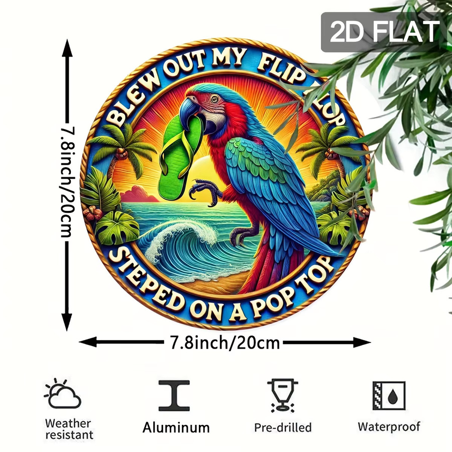 Potdemiel Rundes Aluminiumschild Tropical Seaside Beach mit Papagei und Flip-Flops, Durchmesser: 20,3 cm, Mehrfarbig - Bild 2