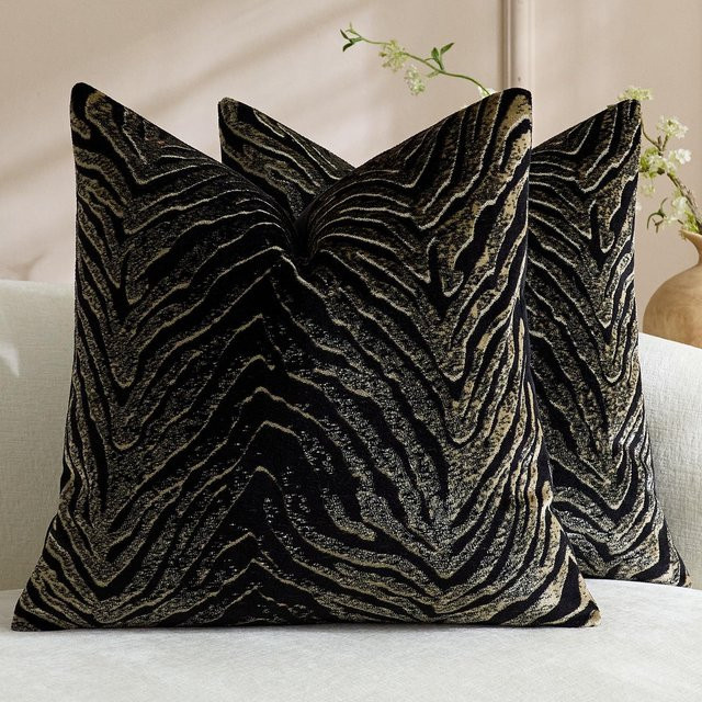 Dekorativer Kissenbezug mit Zebra- und Leopardenmuster aus weichem Chenille-Jacquard in Schwarz, B/H: 40 x 40 cm - Bild 1