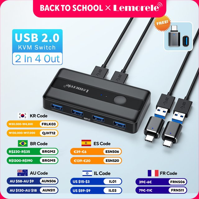Lemorele USB 3.0 KVM Switch Adapter mit 2 Eingängen und 4 Ausgängen, USB Switcher für Tastatur und Drucker, Schwarz - Bild 1
