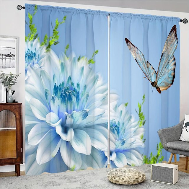 2er-Set Blaue Vorhänge mit floralem Schmetterlingsdruck aus Polyester, Semi-transparent, Breite: 100 cm, Höhe: 130 cm - Bild 1
