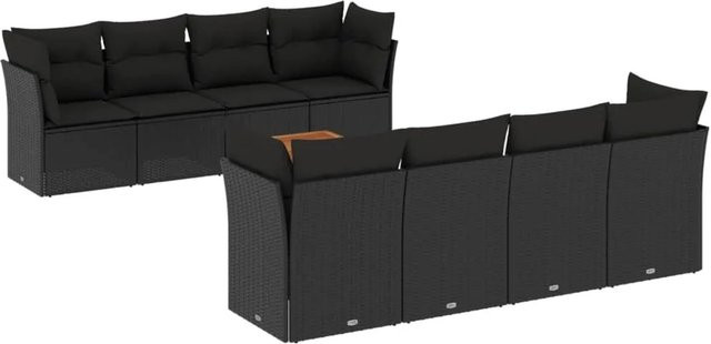 vidaXL 9-teilige Garten-Sofagarnitur mit Kissen aus Poly-Rattan und Akazienholz in Schwarz - Bild 1