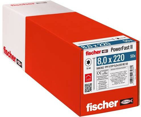 Fischer PowerFast II Senk-Holzschraube mit Innenvielzahn aus Stahl, galvanisch verzinkt, Farbe: Weiß, Durchmesser: 8 mm, Länge: 220 mm, 50 Stück - Bild 1