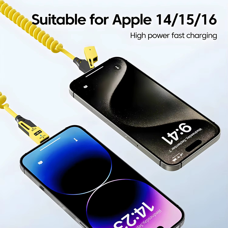 65 W 4-in-1 Schnellladegerät mit Teleskop-Feder-USB-Kabel in Gelb, 6 A, USB Typ C für iPhone, iPad, MacBook und Huawei - Bild 2