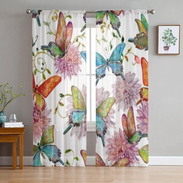 Super Six Chiffon-Gardine mit buntem Schmetterlings- und Blumenmuster in Weiß, B: 135 cm, H: 114 cm - Bild 1