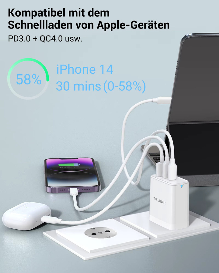 TOPADRE 45W GaN-Ladegerät mit USB-C Display für PD Super-Schnellladung 2.0 PPS in Weiß - Bild 3