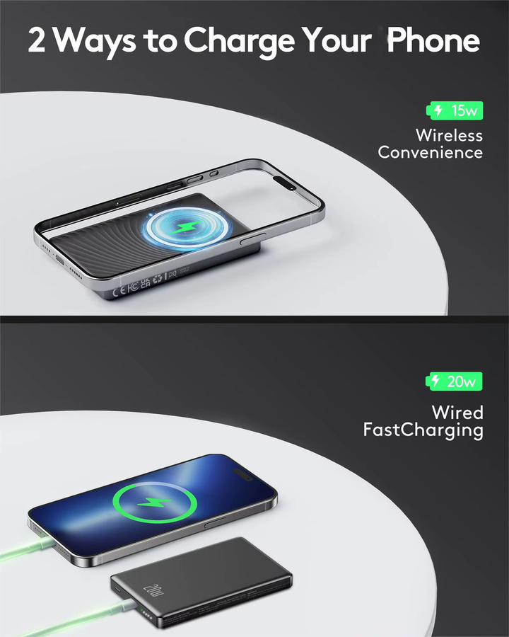 Magnetische Powerbank 10000mAh mit 15W kabellosem Laden und 20W Schnellladefunktion, USB-C und USB-A Ausgänge, Tragbarer Akku für iPhone in Schwarz oder Grau - Bild 3