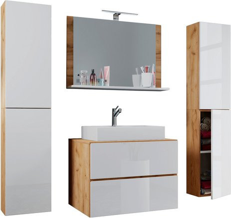 VCM Badmöbel Set Lendas 5-teilig in Beige und Weiß mit Keramik-Waschbecken, Unterschrank, Spiegel und Schubladen, B/T/H: 80 x 52 x 52 cm - Bild 1