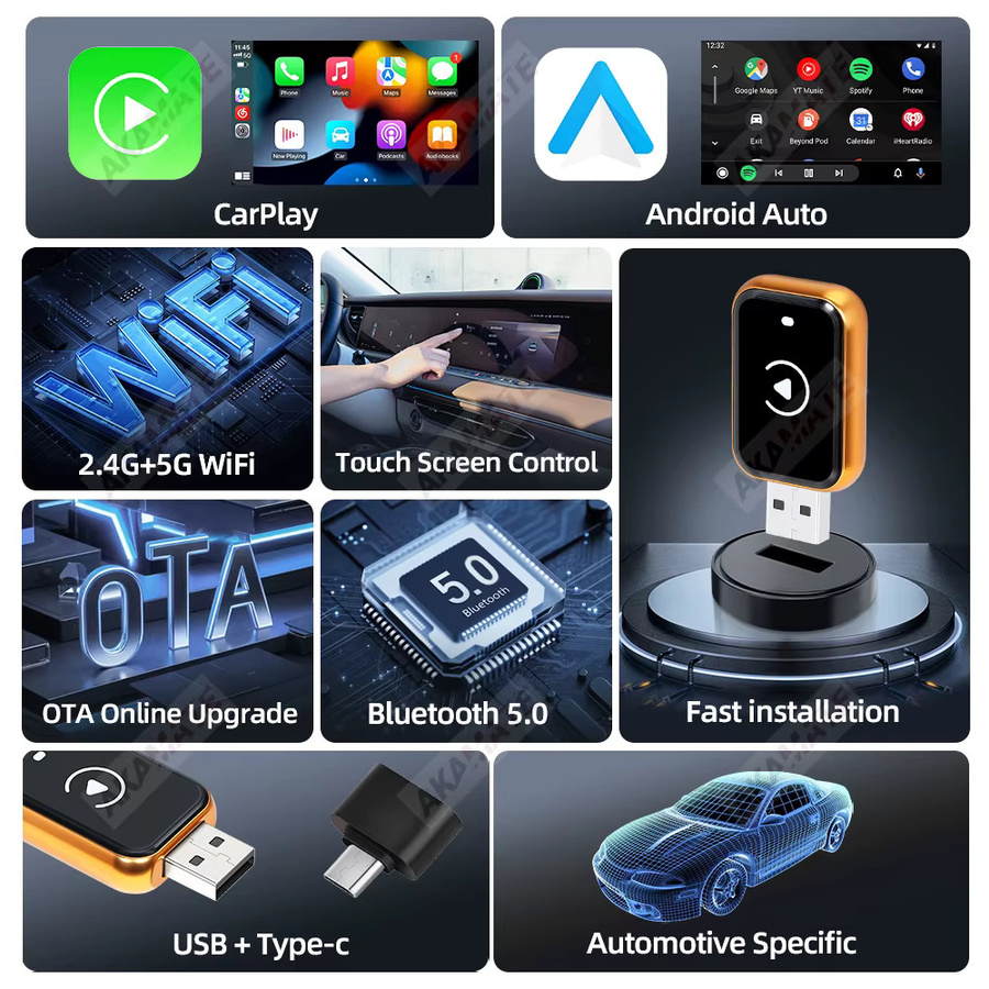 AKAMATE 2-in-1 Kabelloser CarPlay und Android Auto Adapter von kabelgebunden auf kabellos mit USB-C Anschluss für VW, Toyota, Kia, Nissan, Audi und Volvo - Bild 4