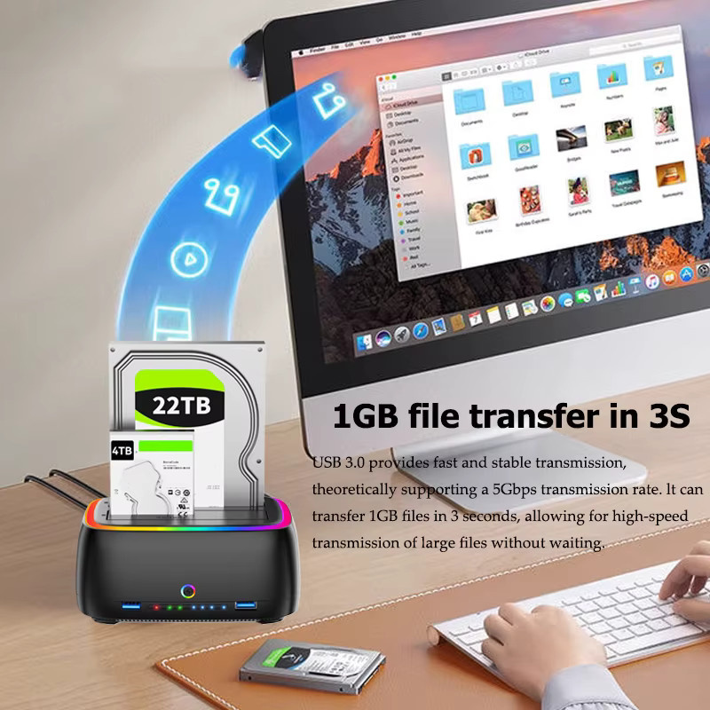 Kebidu Dual-Bay Festplattenstation mit Offline-Klondaten-Funktion, USB 3.0 5 Gbit/s RGB-Adapter für 2,5 und 3,5 Zoll HDD/SSD sowie TF/SD-Karte, Schwarz/Multicolor - Bild 2
