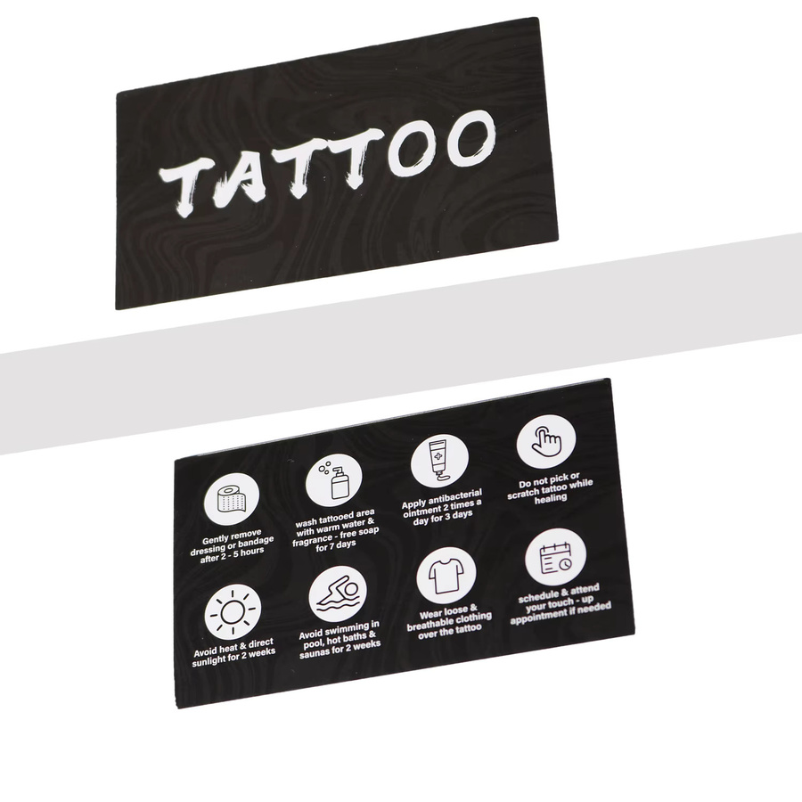 Doppelseitige Tattoo Pflege Lehrkarten aus mattem Papier in Schwarz, B/H: 5,5 x 9 cm, 50 Stück - Bild 6