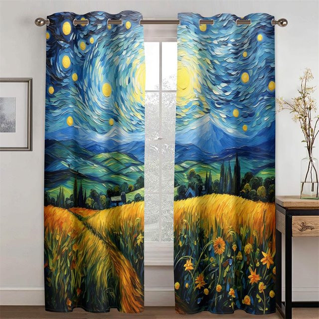 Van Goghs Traumland Pastorale Ölgemälde Vorhänge aus Polyester, 2er-Set, halbtransparent, Mehrfarbig, Breite: 50 cm, Höhe: 130 cm - Bild 1