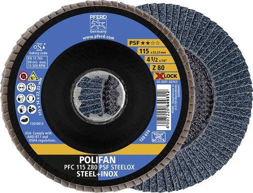 PFERD POLIFAN Fächerschleifscheibe PFC X-LOCK konisch Z80 Uni.-Linie PSF STEELOX fr Stahl und Edelstahl, Farbe: Blau, Durchmesser: 115 mm, 10 Stück - Bild 1