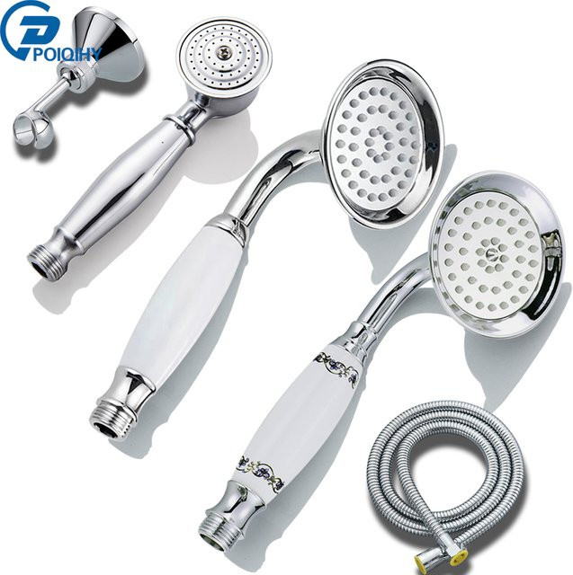 Poiqihy Duschset mit Chrom Handbrause, Keramik Handkopf, Messing Halterung und 150 cm Duschschlauch in Silber - Bild 1