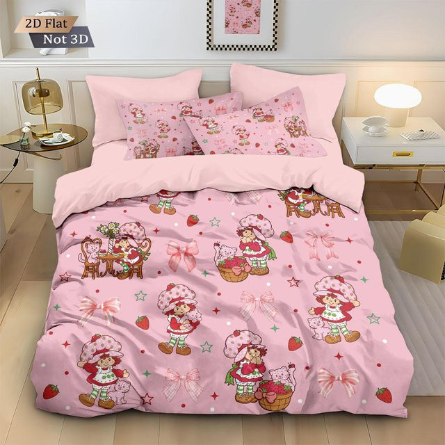 3-teiliges Bettwäsche-Set mit Erdbeer-Mädchen Motiv in Rosa, bestehend aus Daunendeckenbezug und Kissenbezügen aus Mikrofaser, B/H: 140 x 210 cm - Bild 1