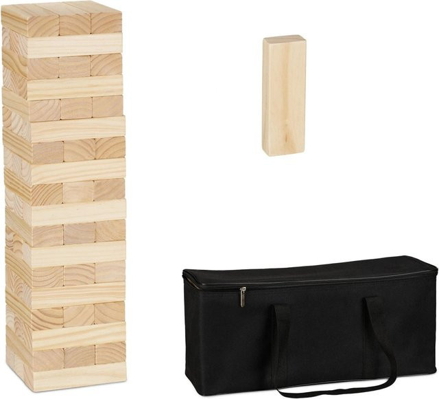 Relaxdays Wackelturm Stapelspiel Holz Natur Schwarz XL mit Tasche - Bild 1