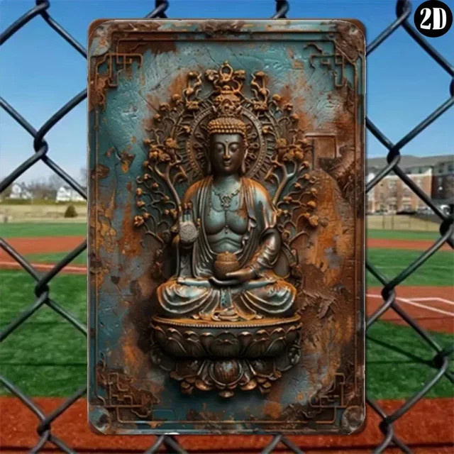 SereneScapes Buddha Wandkunst aus Metall im Retro-Design in Gold, Grün und Multicolour - Bild 1
