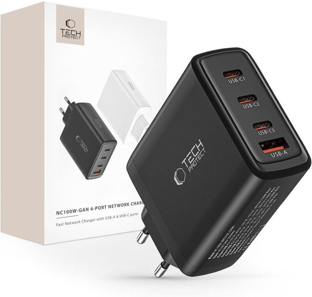 Tech-Protect Nc100W-Gan 4-Port Netzwerk-Ladegerät mit PD 100W und QC 3.0 in Schwarz - Bild 1