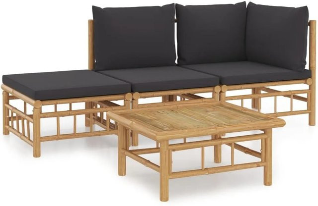 vidaXL 4-tlg Garten-Lounge-Set aus Bambus mit dunkelgrauen Polsterkissen in L-Form - Bild 1